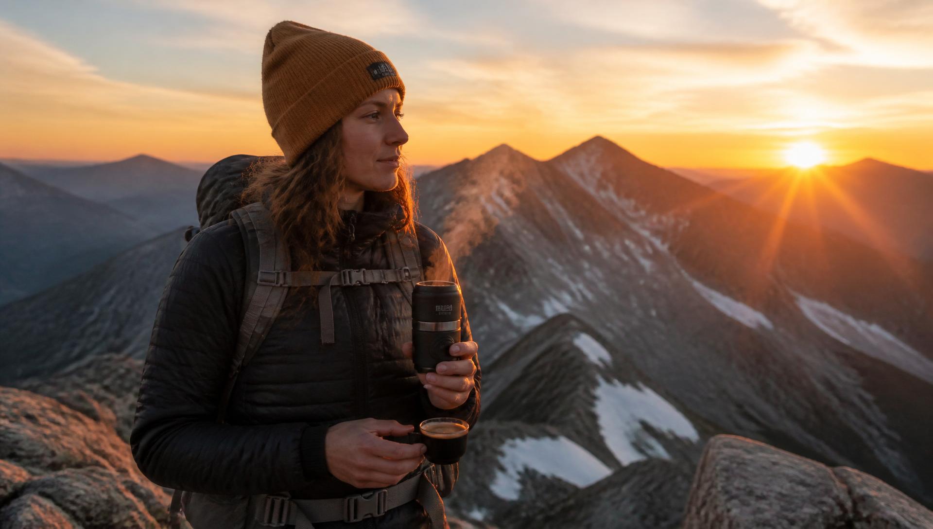Sunrise espresso on a mountain summit